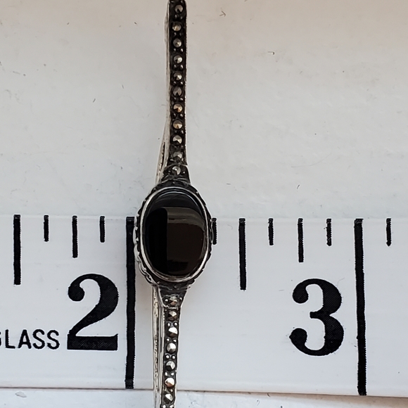 Sterling Onyx Marcasite Bar Pin - Picture 3 of 9